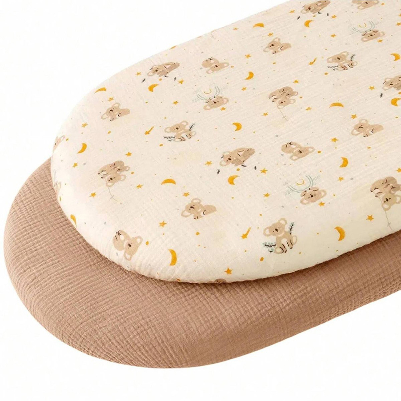 Muslin Cotton Bedspread - ベビーベッドシーツ、女の子、男の子用、柔らかく通気性のあるベビーベッドマットレスシーツ、楕円形のクレードル、モーゼバスケットに適合