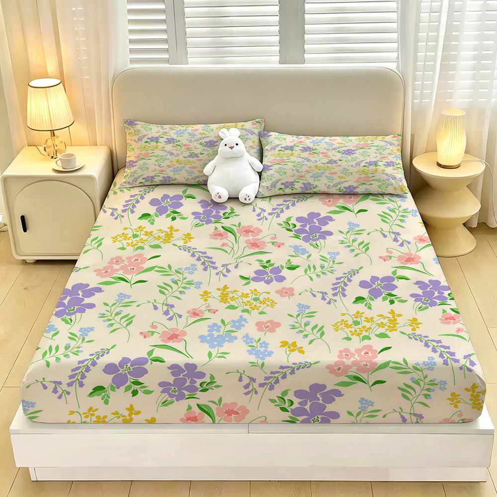 Fitted Bed Sheets Deep Pocket - カラフルな花柄のフィットシーツ3点セット、伸縮性のある深いポケットで滑り止め付き、マイクロファイバー、シングル・フル・クイーン・キングサイズ、冬用