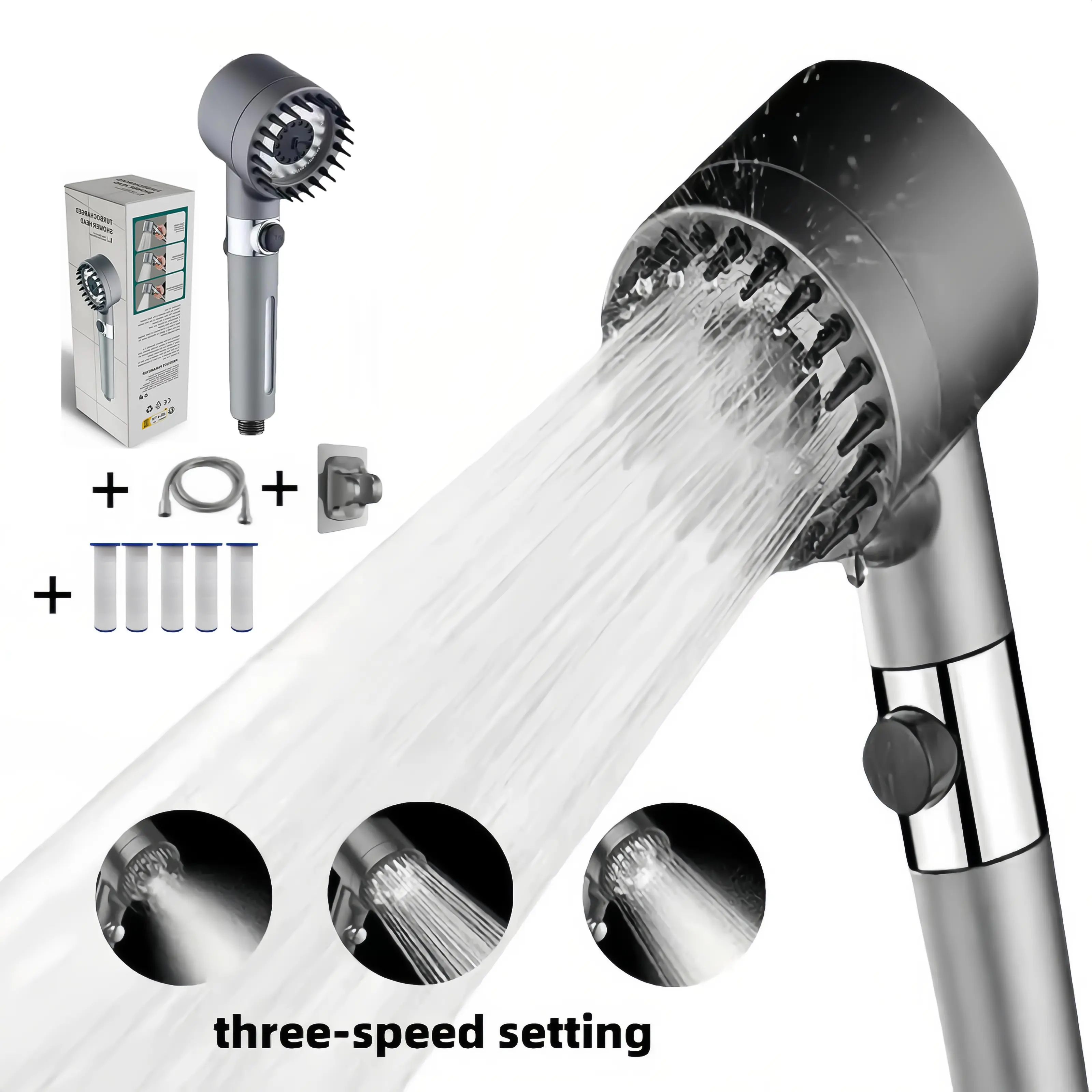 High Pressure Shower Head Handheld - 高圧フィルター内蔵のハンディシャワーヘッド。イオン機能付き、4つの噴射モード、強力な水流、内蔵フィルター、ON/OFF/一時停止スイッチ付き。G1/2規格のユニバーサルシャワーヘッドで、硬水にも対応。