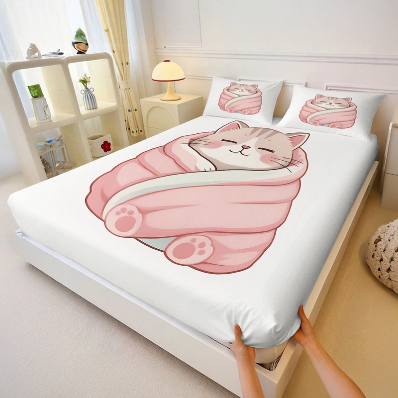 可愛い猫柄フィットシーツセット、居心地の良い眠れる猫ちゃんが - Fitted Bed Sheets Deep Pocket のレビューと価格