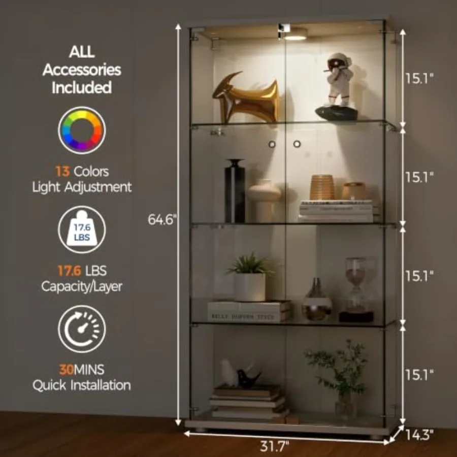 コレクション用の強化ガラス製ショーケース。4段の棚、両開きド - Lighting のレビューと価格